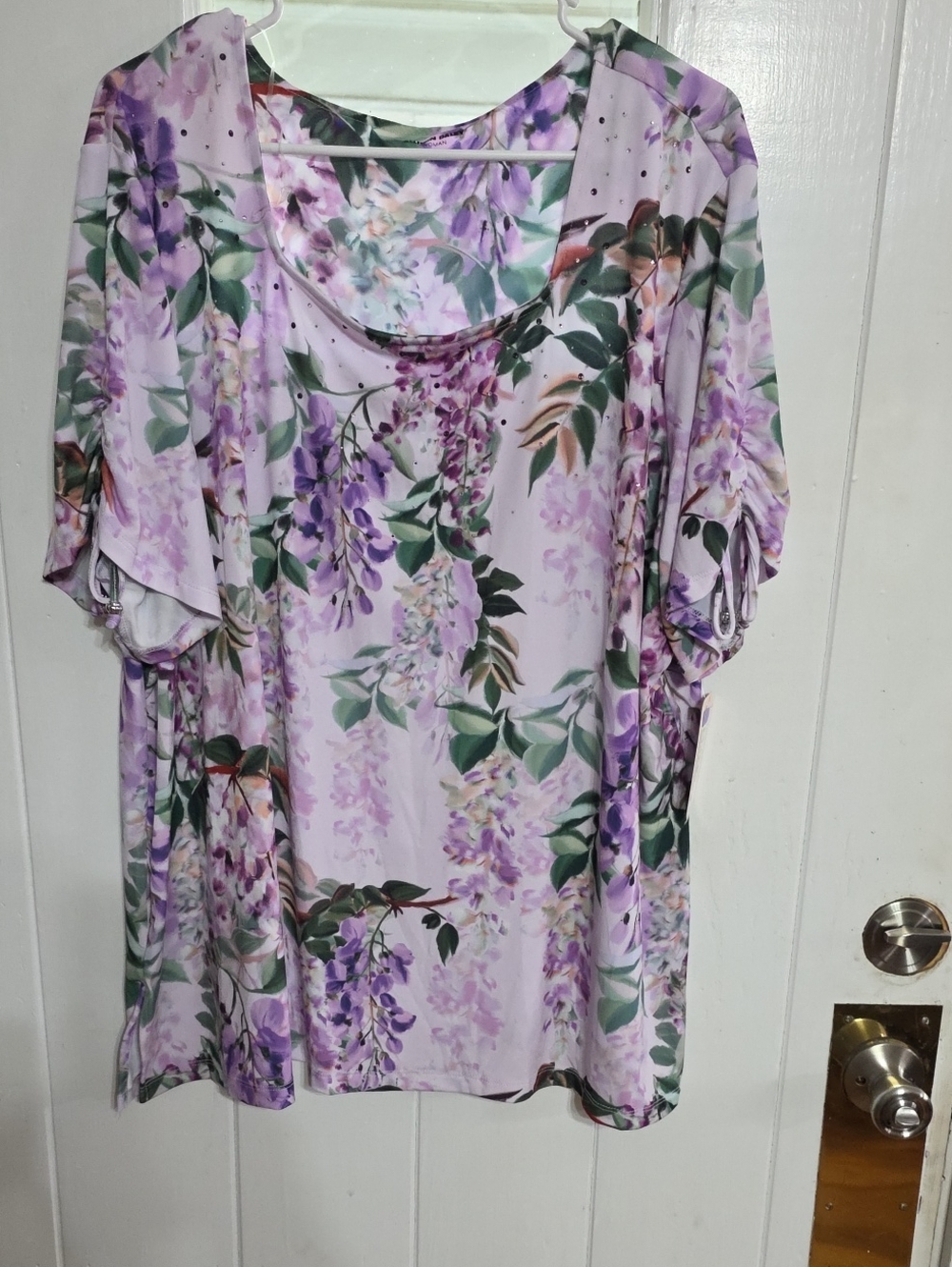 NWT Allison Daley Women's Blouse Purple Wisteria Floral Blingy Tie Sleeves Sz 3X